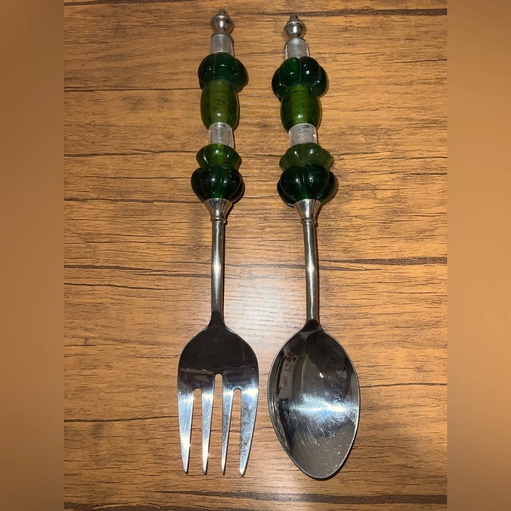 Vintage Pottery Barn Y2K Long Green Beaded Serving Spoon and Fork Set No Box